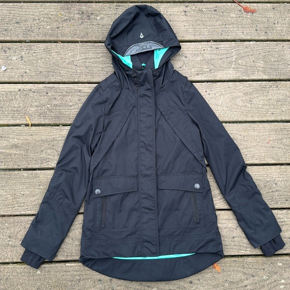 Ivivva Girls Lined Black/Turquoise Fall Hooded Jacket Sz 10